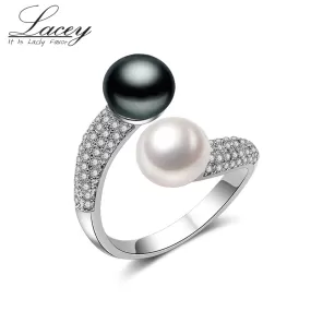 100% Real Adjustable 925 Sterling Double Pearl Ring For Women,Multi White Natural Freshwater Pearl R