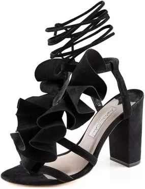 Ashley Cole Leta Black Nubuck Ruffle Block Heel Open toe City Designer Sandals