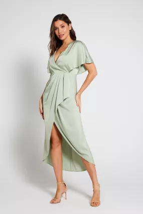 Clara Angel Sleeve Wrap Satin Midi Dress - Sage Green