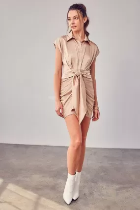 COLLAR BUTTON UP FRONT TIE DRESS