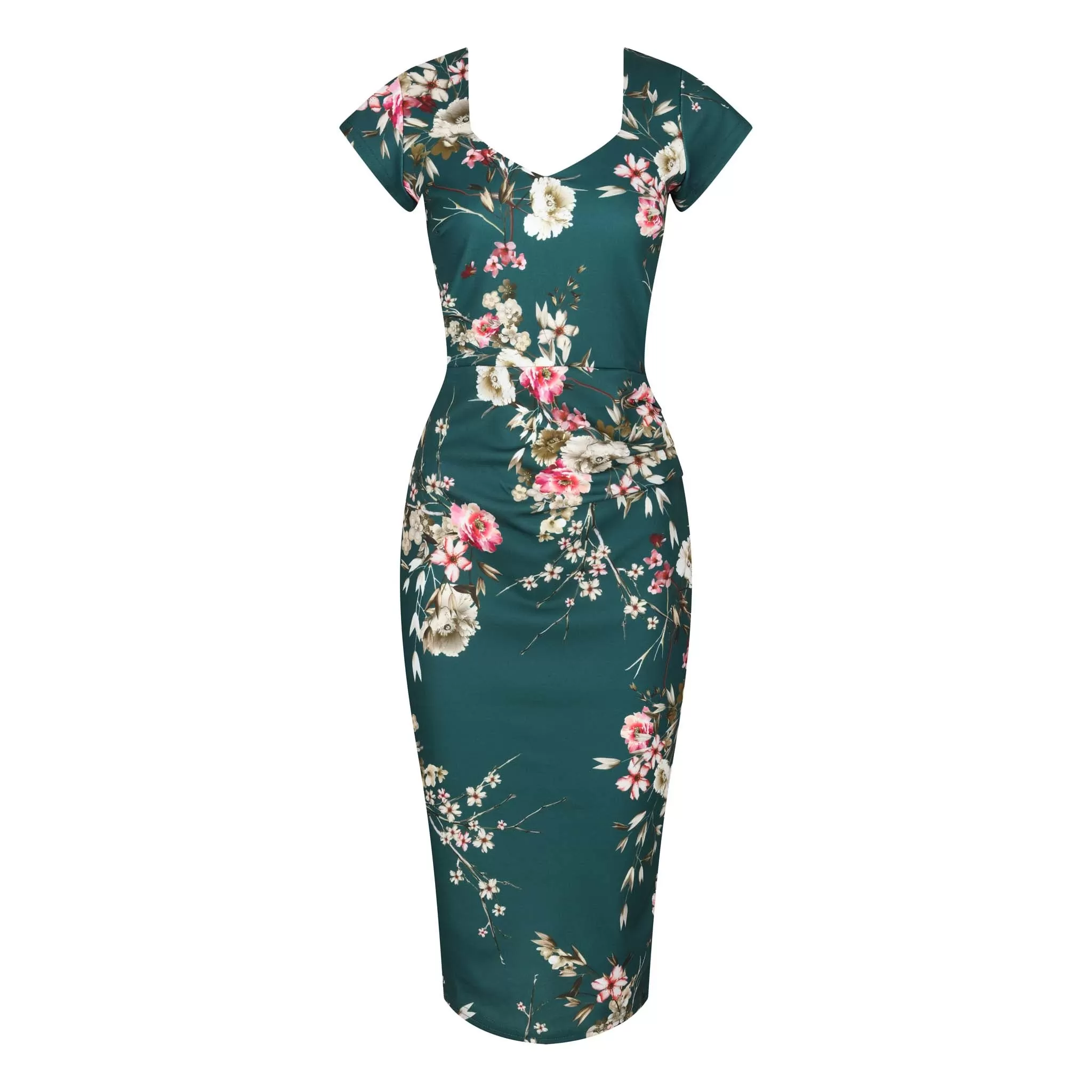 Green Floral Print Cap Sleeve V Neck 40s Style Wiggle Dress