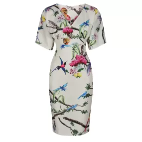 Pale Yellow Floral Bird Half Batwing Sleeve Crossover Top Pencil Dress