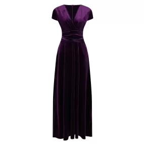 Purple Velour V Neck Cap Sleeve Maxi Dress